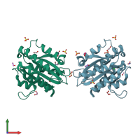 PDB entry 4f1k coloured by chain, front view.