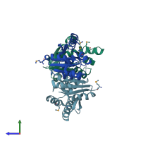 PDB entry 4f3r coloured by chain, side view.