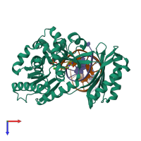 Hetero trimeric assembly 1 of PDB entry 4f4w coloured by chemically distinct molecules, top view.