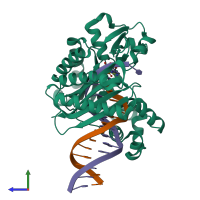 Hetero trimeric assembly 2 of PDB entry 4f4w coloured by chemically distinct molecules, side view.