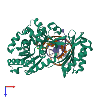 Hetero trimeric assembly 2 of PDB entry 4f4w coloured by chemically distinct molecules, top view.