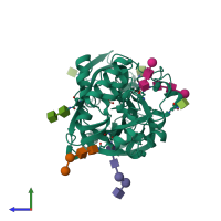 Monomeric assembly 1 of PDB entry 4f7b coloured by chemically distinct molecules, side view.