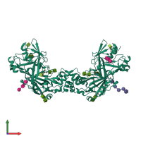 Homo dimeric assembly 3 of PDB entry 4f7b coloured by chemically distinct molecules, front view.