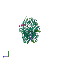 Homo dimeric assembly 3 of PDB entry 4f7b coloured by chemically distinct molecules, side view.
