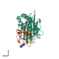 PDB entry 4f7e coloured by chain, side view.