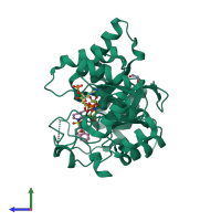 PDB entry 4fa3 coloured by chain, side view.