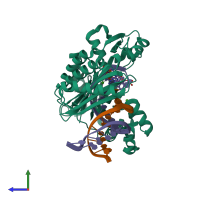PDB entry 4fbt coloured by chain, side view.