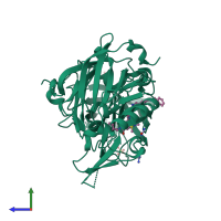 PDB entry 4fco coloured by chain, side view.
