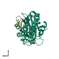 PDB entry 4fd8 coloured by chain, side view.