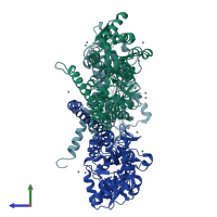 PDB entry 4fe8 coloured by chain, side view.