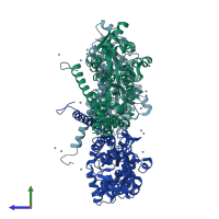 PDB entry 4feb coloured by chain, side view.