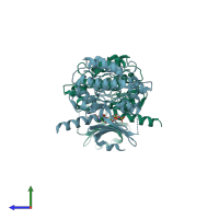 PDB entry 4fg9 coloured by chain, side view.
