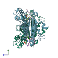 PDB entry 4fgk coloured by chain, side view.