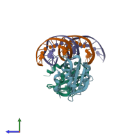 PDB entry 4fgn coloured by chain, side view.