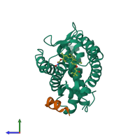 PDB entry 4fhi coloured by chain, side view.