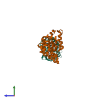 PDB entry 4fhr coloured by chain, side view.
