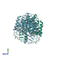 PDB entry 4fju coloured by chain, side view.