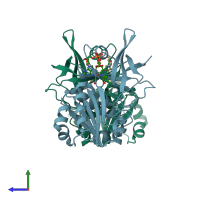 PDB entry 4fk8 coloured by chain, side view.