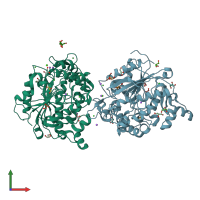 PDB entry 4fkb coloured by chain, front view.