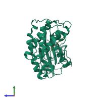 PDB entry 4fkg coloured by chain, side view.