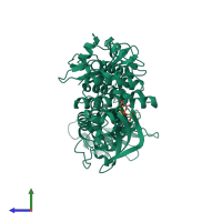 PDB entry 4fl3 coloured by chain, side view.