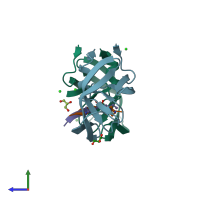 PDB entry 4fl8 coloured by chain, side view.