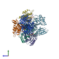 PDB entry 4fmd coloured by chain, side view.