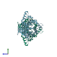 PDB entry 4fmp coloured by chain, side view.