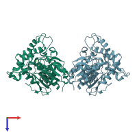 PDB entry 4fmp coloured by chain, top view.