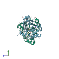 PDB entry 4fmw coloured by chain, side view.