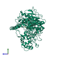 PDB entry 4fnm coloured by chain, side view.