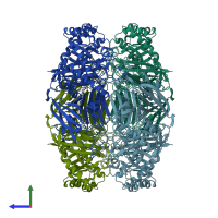 PDB entry 4fnr coloured by chain, side view.