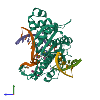 PDB entry 4fo6 coloured by chain, side view.