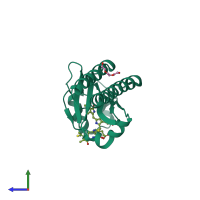PDB entry 4fof coloured by chain, side view.