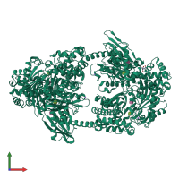 Homo dimeric assembly 1 of PDB entry 4fpb coloured by chemically distinct molecules, front view.