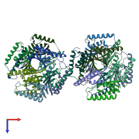 PDB entry 4fpi coloured by chain, top view.