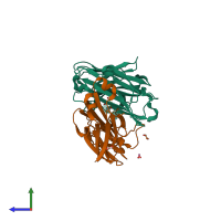 PDB entry 4fq2 coloured by chain, side view.