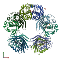 PDB entry 4fq9 coloured by chain, front view.
