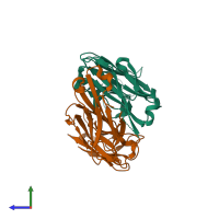 PDB entry 4fql coloured by chain, side view.
