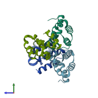 PDB entry 4fqn coloured by chain, side view.