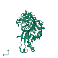 PDB entry 4fs8 coloured by chain, side view.