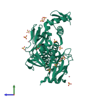 Homo dimeric assembly 1 of PDB entry 4ft8 coloured by chemically distinct molecules, side view.