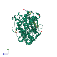 PDB entry 4fv3 coloured by chain, side view.