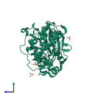 PDB entry 4fv8 coloured by chain, side view.