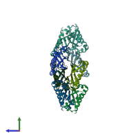 PDB entry 4fvj coloured by chain, side view.