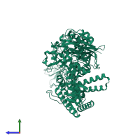 PDB entry 4fvm coloured by chain, side view.