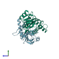 PDB entry 4fw2 coloured by chain, side view.
