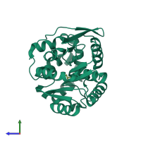 PDB entry 4fwb coloured by chain, side view.