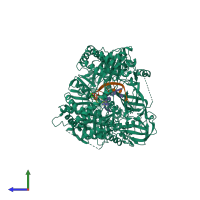 PDB entry 4fwt coloured by chain, side view.