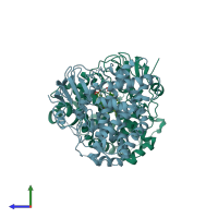 PDB entry 4fxb coloured by chain, side view.
